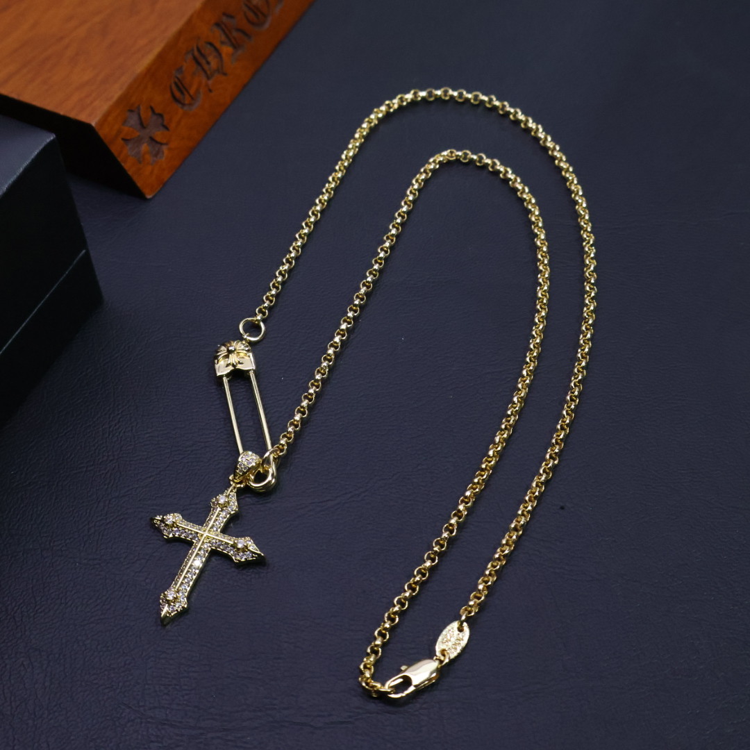 Chrome Hearts Diamond - Inlaid Cross & Safety Pin Pendant Necklace - Gold - Tone Chain Jewelry CH - DCSCP81 Descriptio