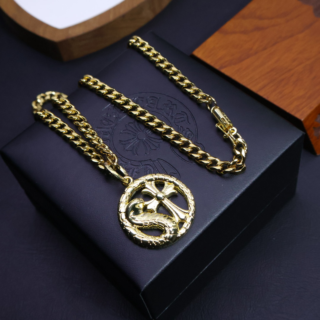 Chrome Hearts Cross & Snake Disc Pendant Necklace - Gold - Tone Cuban Chain Jewelry CH - CSDCP79