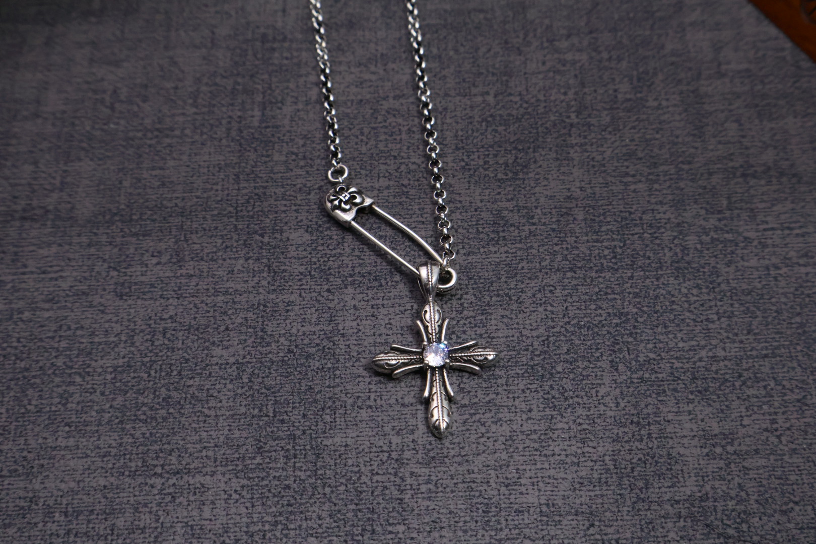 Chrome Hearts Safety Pin & Diamond - Inlaid Cross Pendant Necklace - 925S Silver Chain Jewelry CH - SPDC71