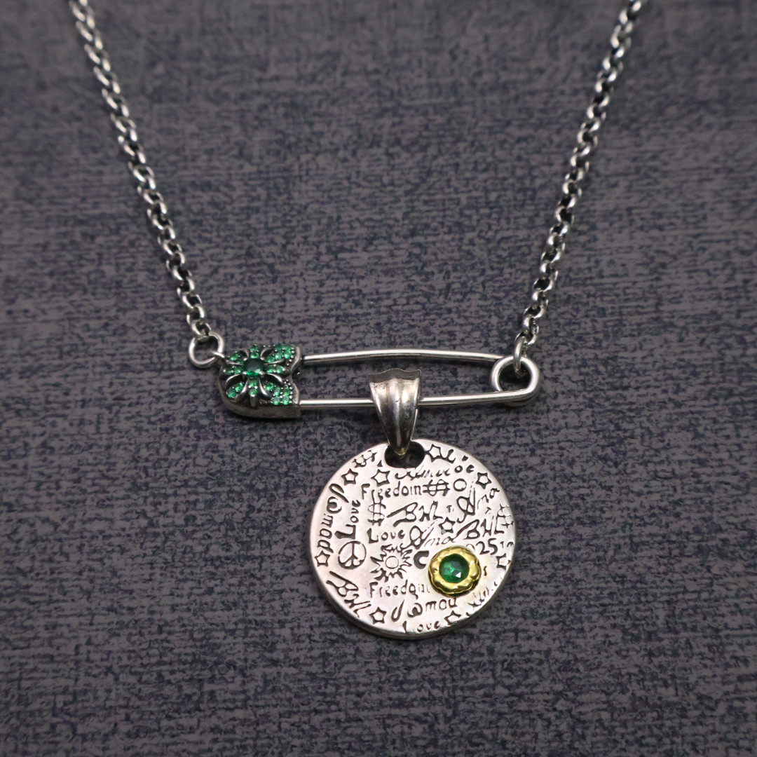 Chrome Hearts Safety Pin & Engraved Disc Pendant Necklace - 925S Silver Chain Jewelry CH - SPED69