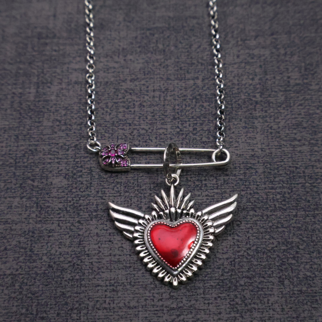 Chrome Hearts Safety Pin & Winged Heart Pendant Necklace - 925S Silver Chain Jewelry CH - SPWH67