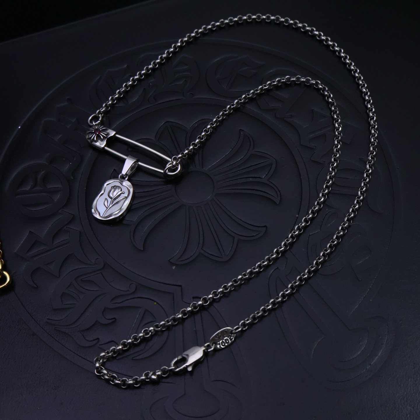 Chrome Hearts Safety Pin & Floral Pendant Necklace - 925S Silver Chain Jewelry CH - SPFP66