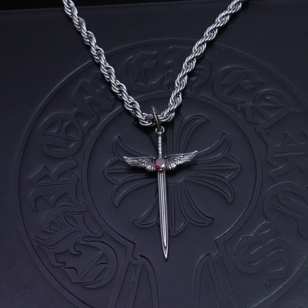 Chrome Hearts Winged Sword Pendant Necklace - 925S Silver Rope - Chain Jewelry CH - WSP59