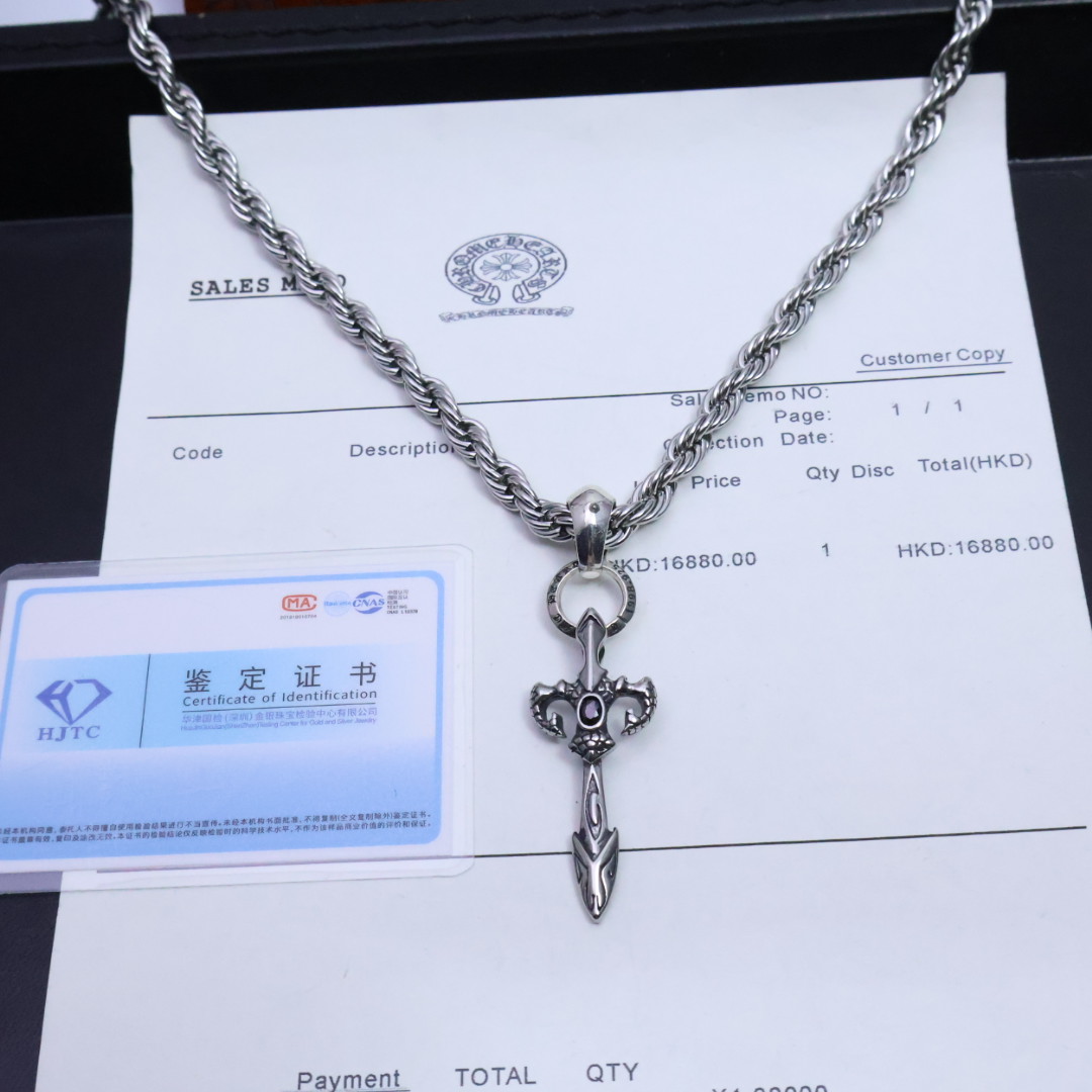 Chrome Hearts Sword - Shaped Pendant Necklace - 925S Silver Rope - Chain Jewelry CH - SSP55