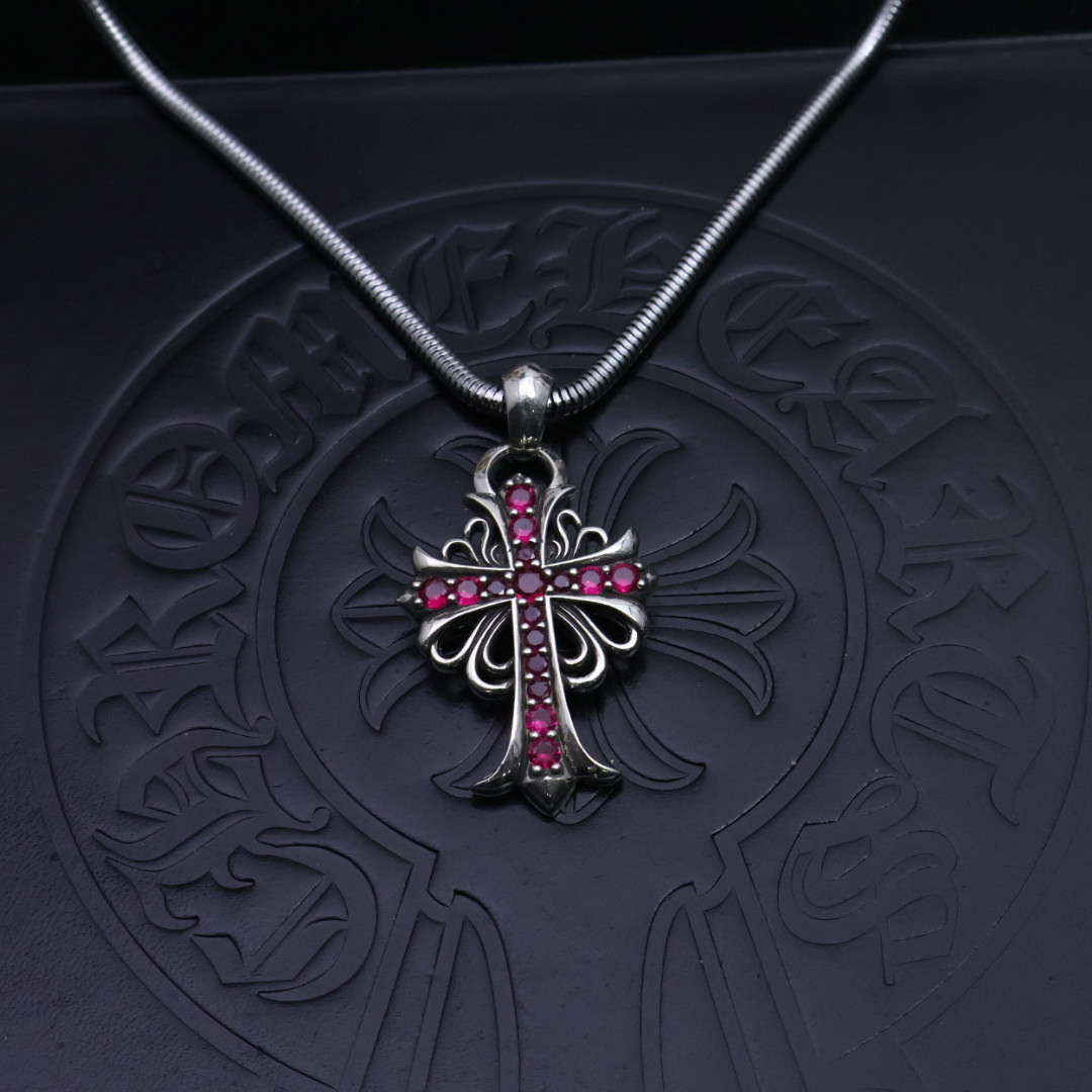 Chrome Hearts Ruby - Inlaid Ornate Cross Pendant Necklace - 925S Silver Snake - Chain Jewelry CH - RIOC53