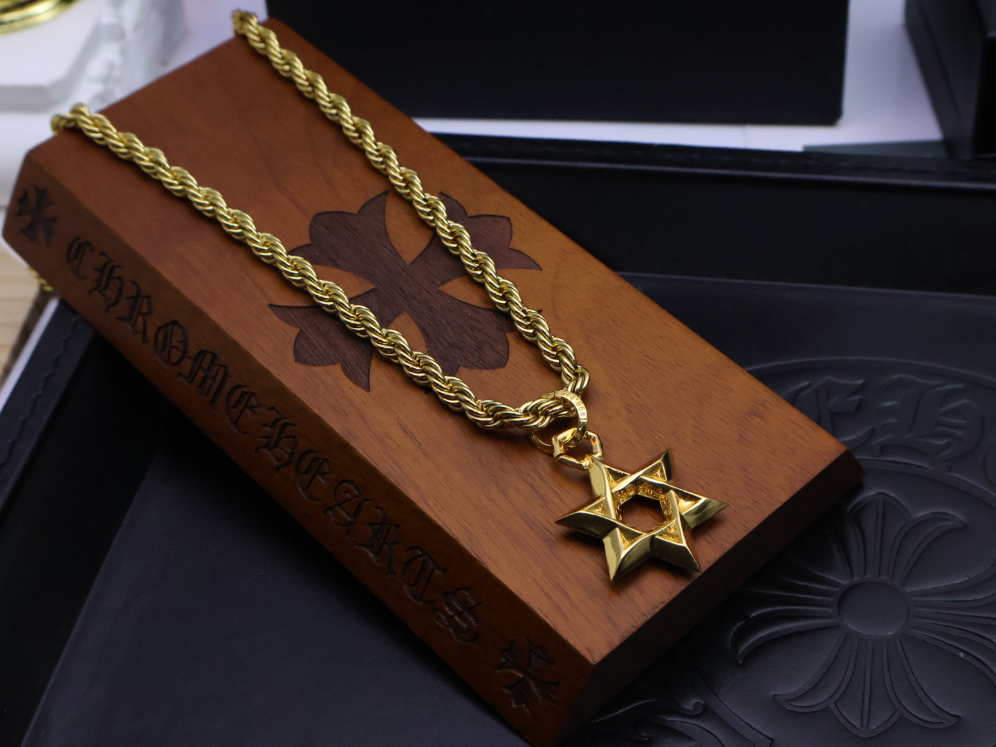 Chrome Hearts Diamond - Inlaid Star of David Pendant Necklace - Gold - Tone Rope Chain Jewelry CH - DSD52