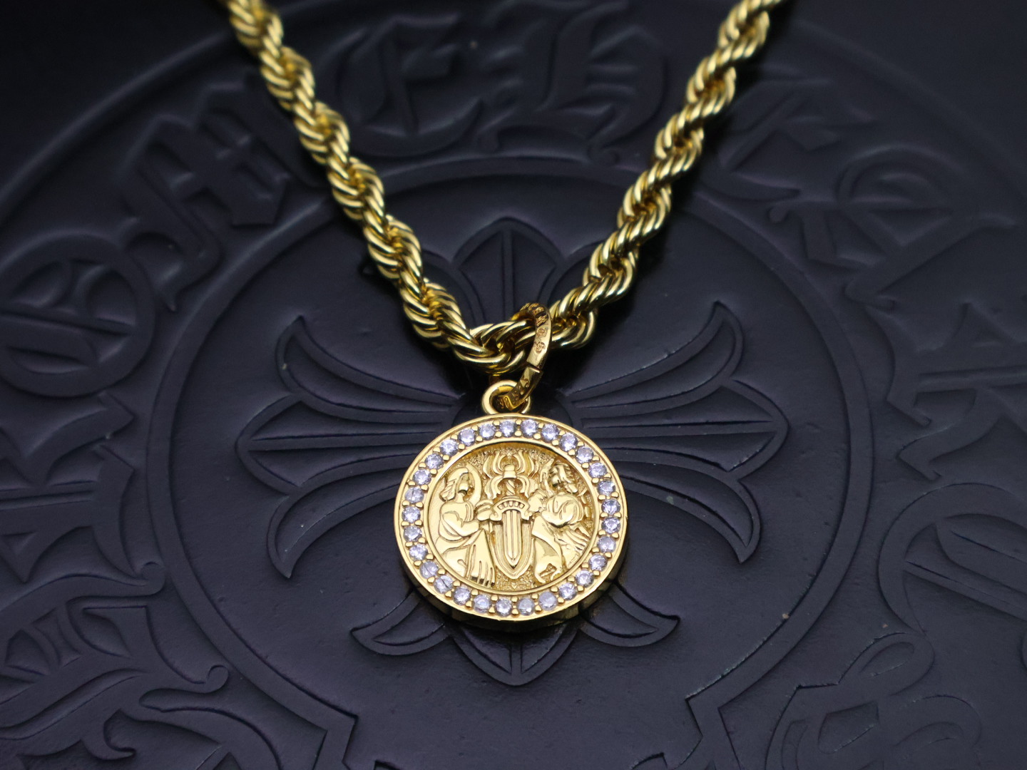 Chrome Hearts Diamond - Rimmed Saint Medal Pendant Necklace - Gold - Tone Rope Chain Jewelry CH - DRM51