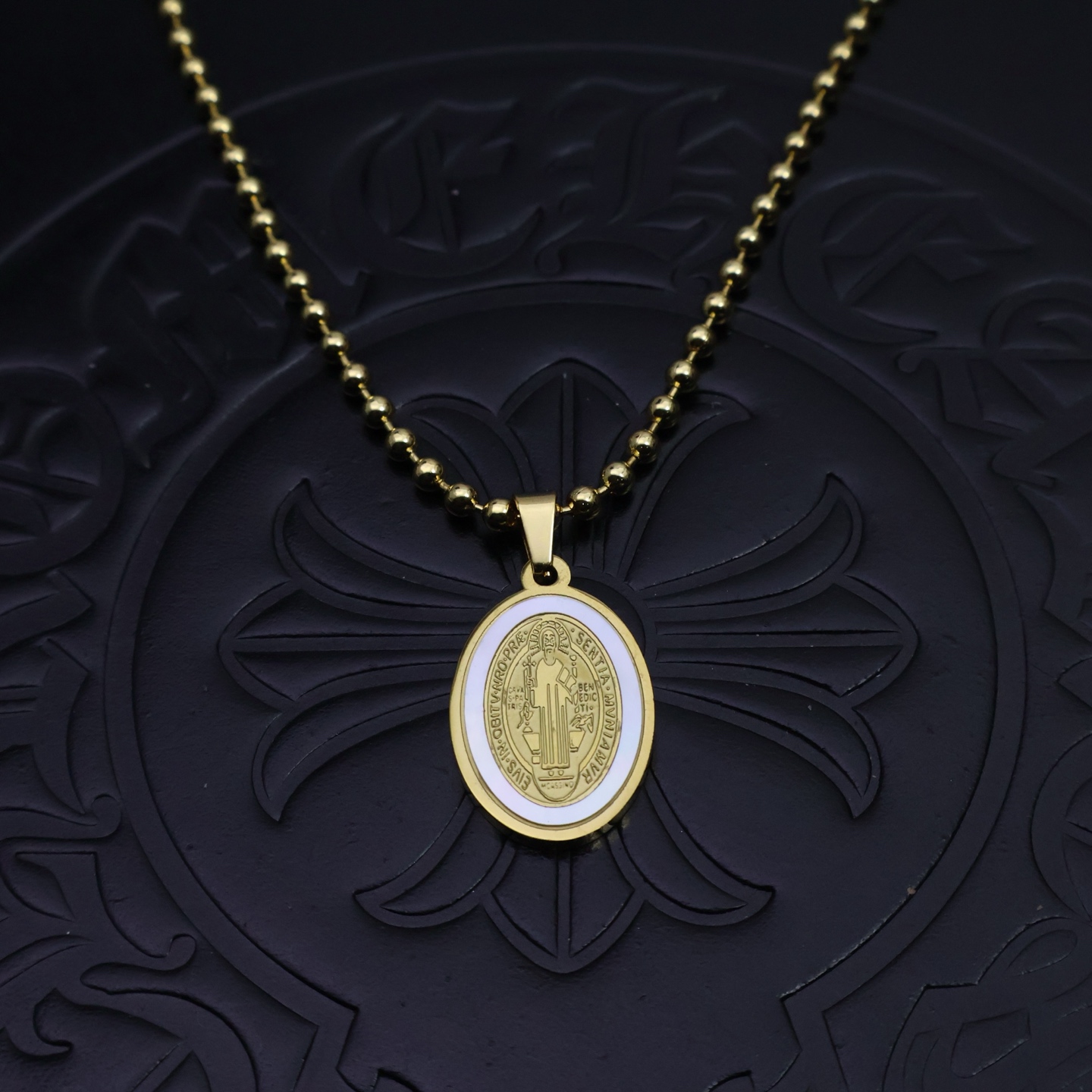 Chrome Hearts Saint - Engraved Oval Pendant Necklace - Gold - Tone Bead Chain Jewelry CH - SEO44