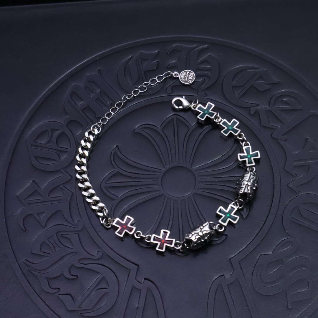 Chrome Hearts Color - Inlaid Cross Charm Bracelet - 925S Silver Chain Jewelry CH - CICB39
