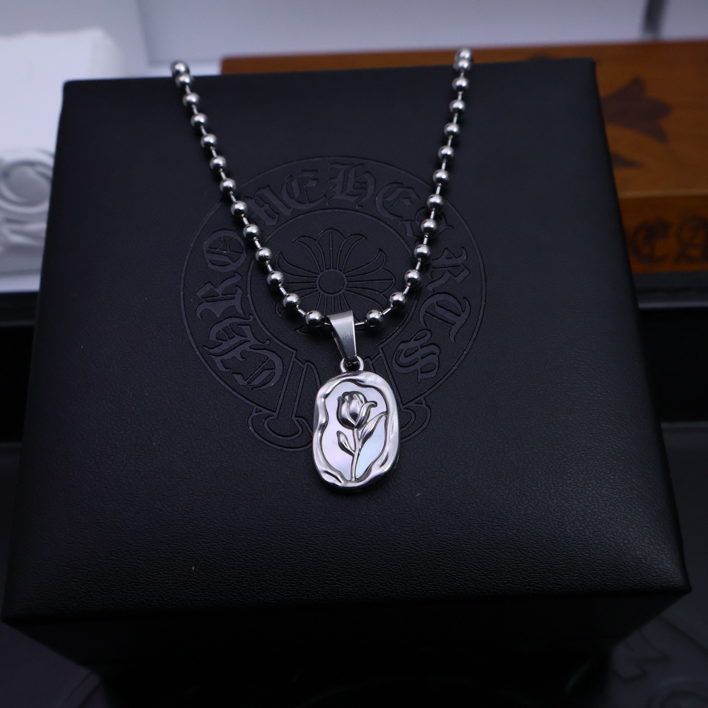 Chrome Hearts Floral - Engraved Tag Pendant Necklace - 925S Silver Bead Chain Jewelry CH - FET35