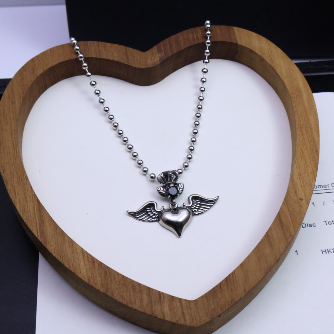 Chrome Hearts Winged Heart & Crown Pendant Necklace - 925S Silver Bead Chain Jewelry CH - WHC34