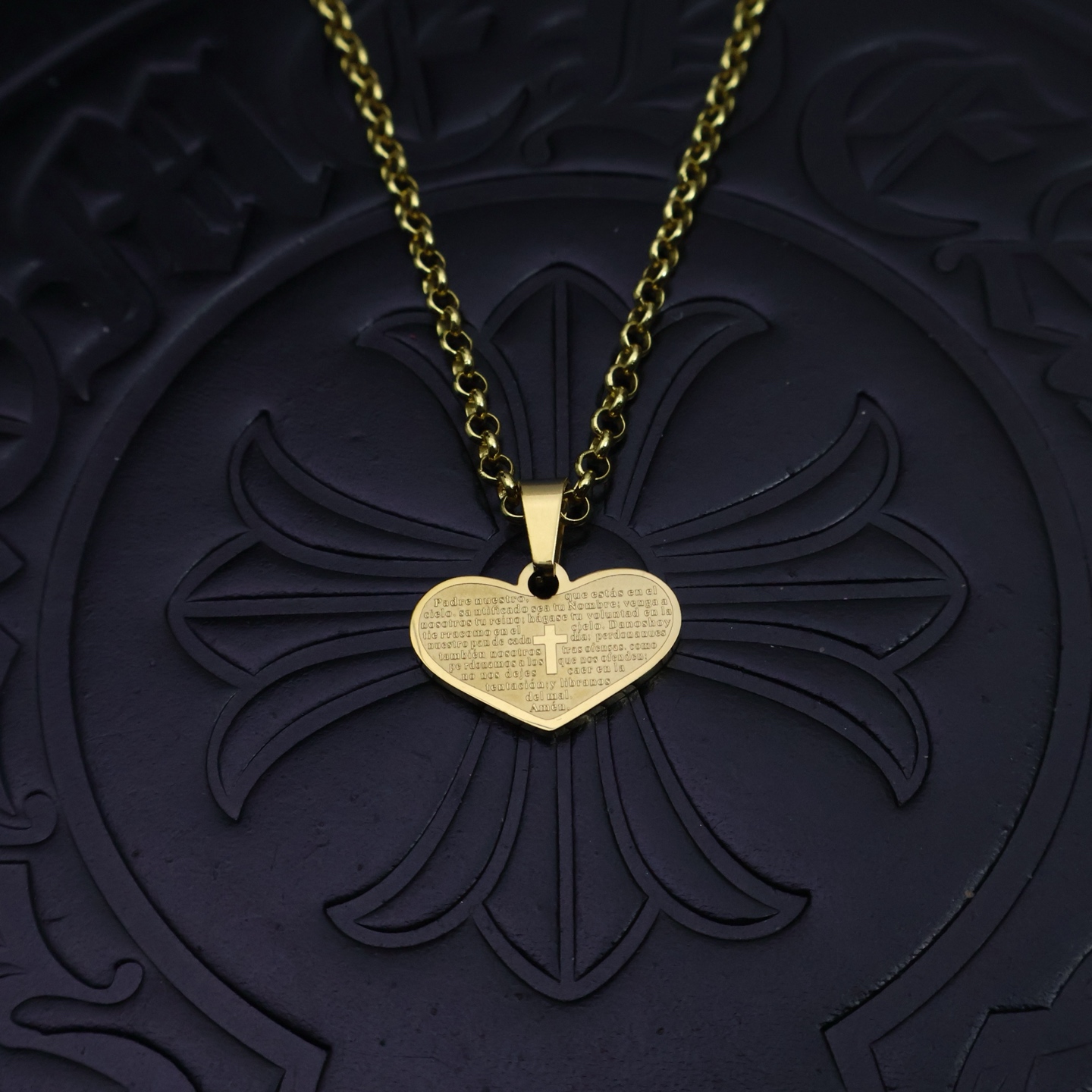 Chrome Hearts Heart - Shaped Engraved Pendant Necklace - Gold - Tone Chain Jewelry CH - HEG33