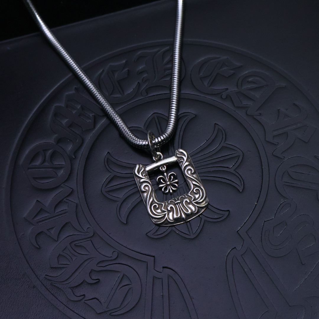 Chrome Hearts Engraved Square Pendant Necklace - 925S Silver Snake - Chain Jewelry CH - ESQ31
