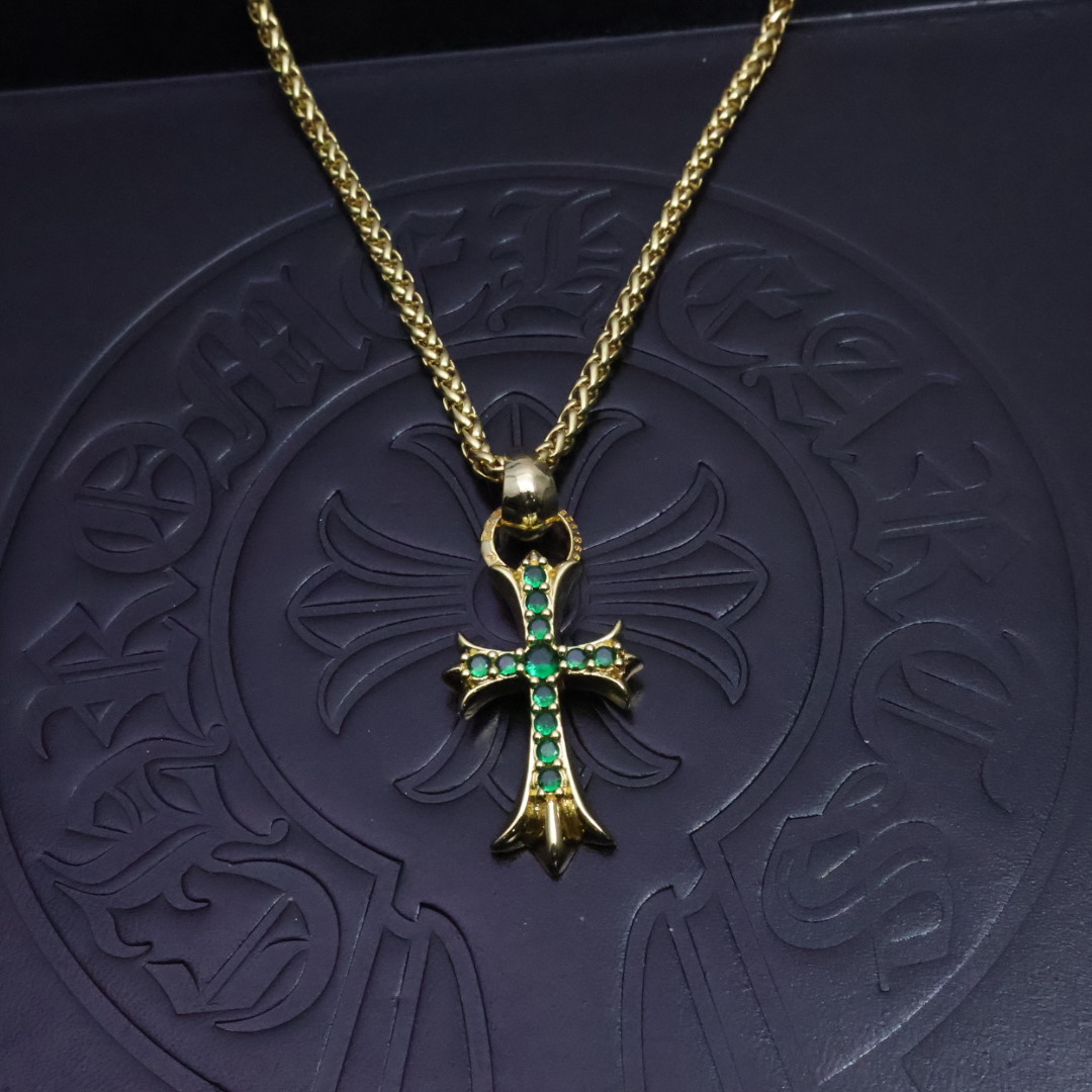 Chrome Hearts Emerald - Inlaid Cross Pendant Necklace - Gold - Tone Chain Jewelry CH - ECG28