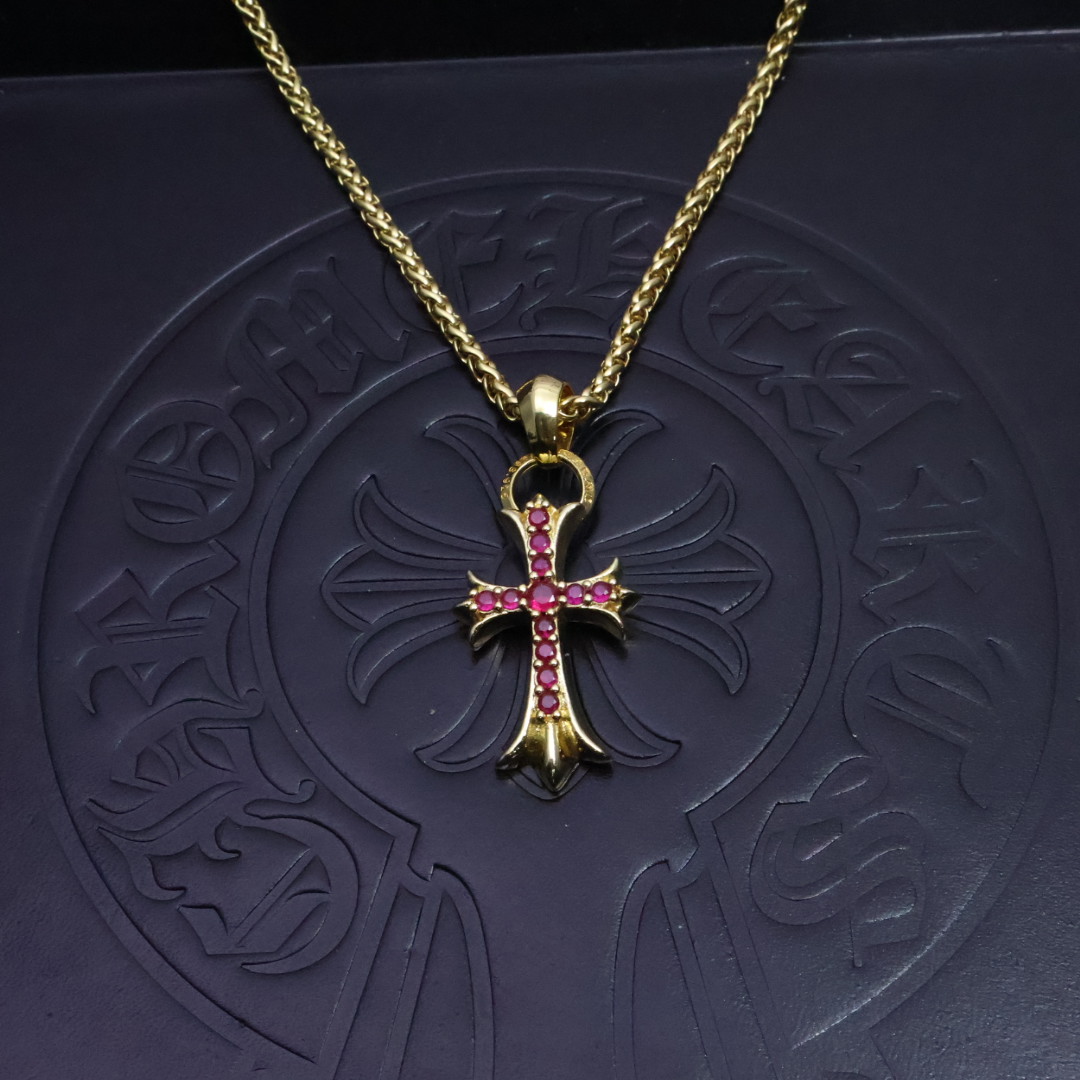 Chrome Hearts Ruby - Inlaid Cross Pendant Necklace - Gold - Tone Chain Jewelry CH - RCG27