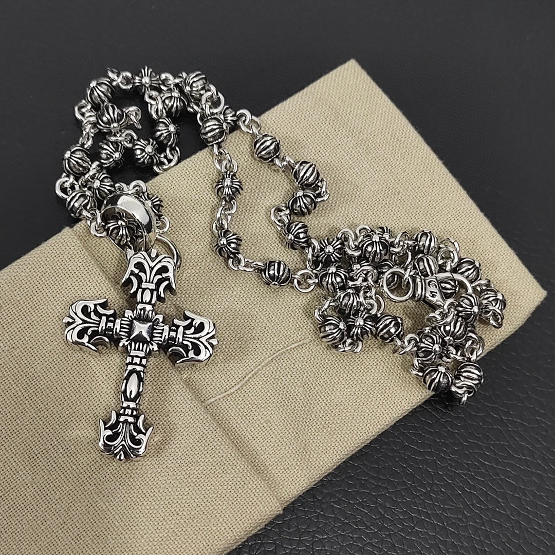 Chrome Hearts Ornate Cross Pendant Rosary - Style Necklace - 925S Silver Jewelry CH - OCR26
