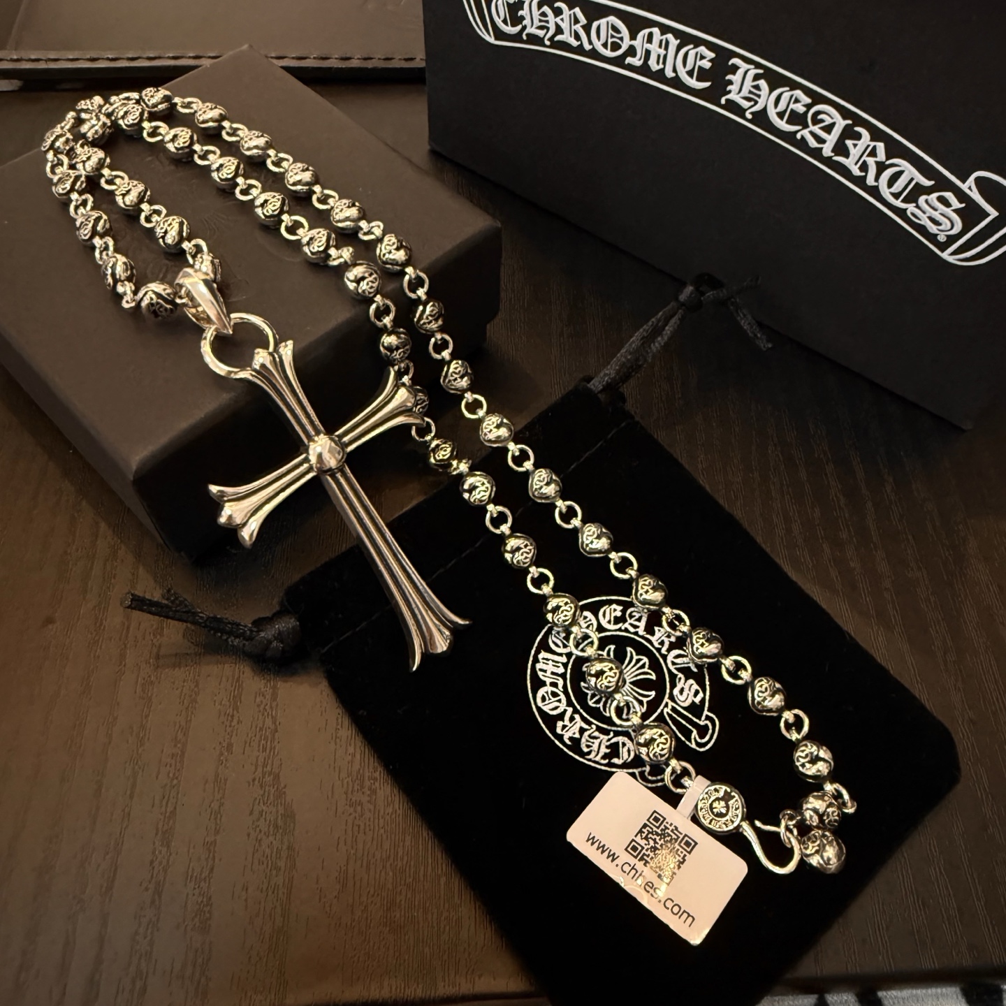 Chrome Hearts Rosary - Style Cross Pendant Necklace - 925S Silver Beaded Chain Jewelry CH - RC23