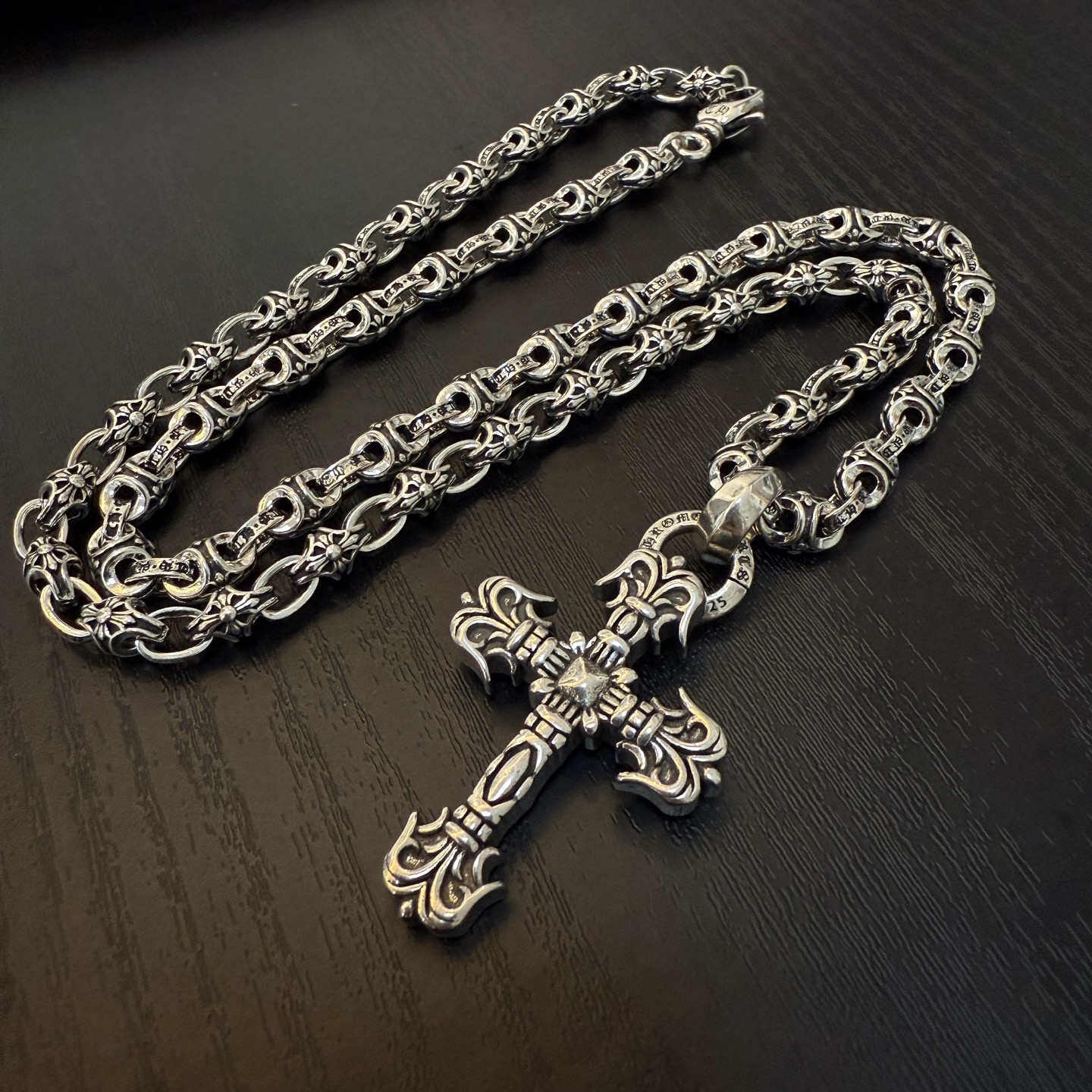 Chrome Hearts Ornate Cross Pendant Necklace - 925S Silver Engraved Chain Jewelry CH - OC20