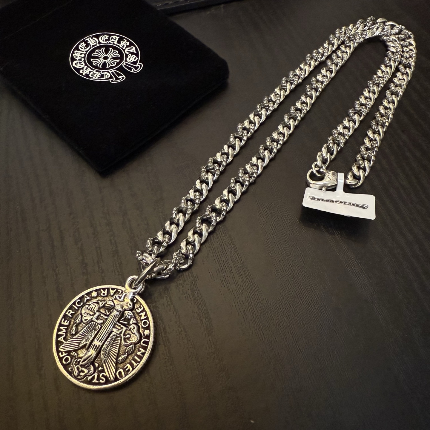 Chrome Hearts Coin - Shaped Eagle Pendant Necklace - 925S Silver Curb Chain Jewelry CH - CE19