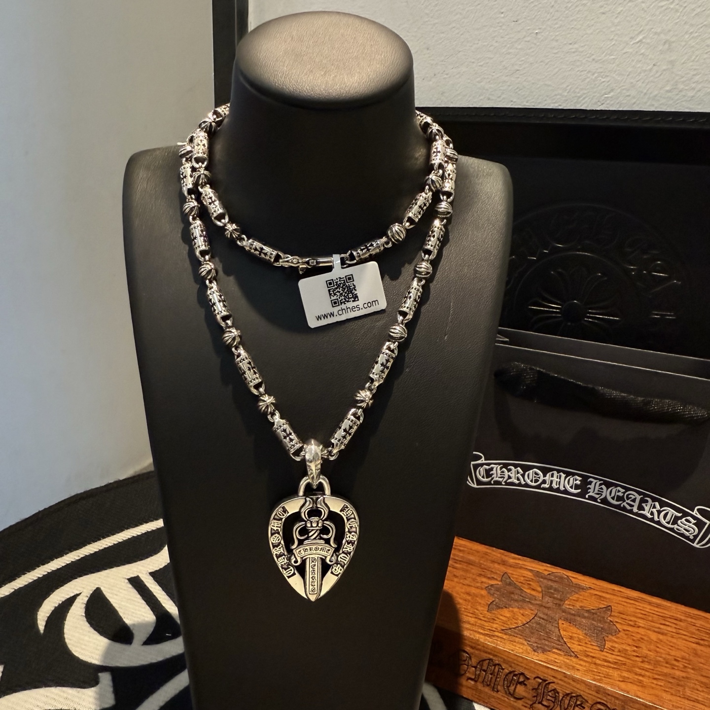 Chrome Hearts Shield - Shaped Pendant Necklace with Engravings - 925S Silver Beaded Chain Jewelry CH - SE16