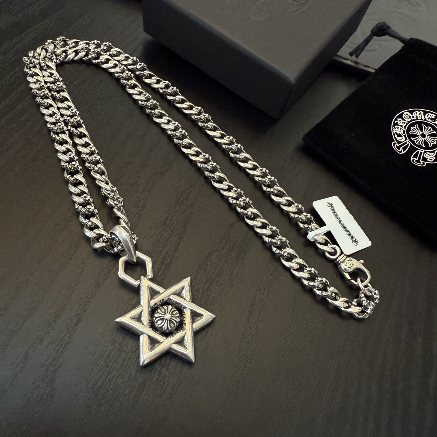Chrome Hearts Star of David Pendant Necklace - 925S Silver Curb Chain Jewelry CH - SD12