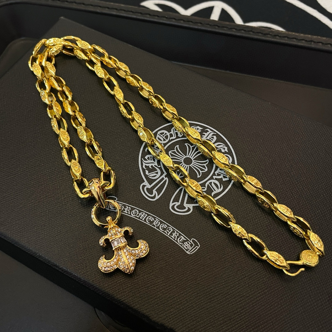 Chrome Hearts Diamond - Encrusted Fleur - de - Lis Pendant Necklace - Gold - Tone Chain Jewelry CH - DG10