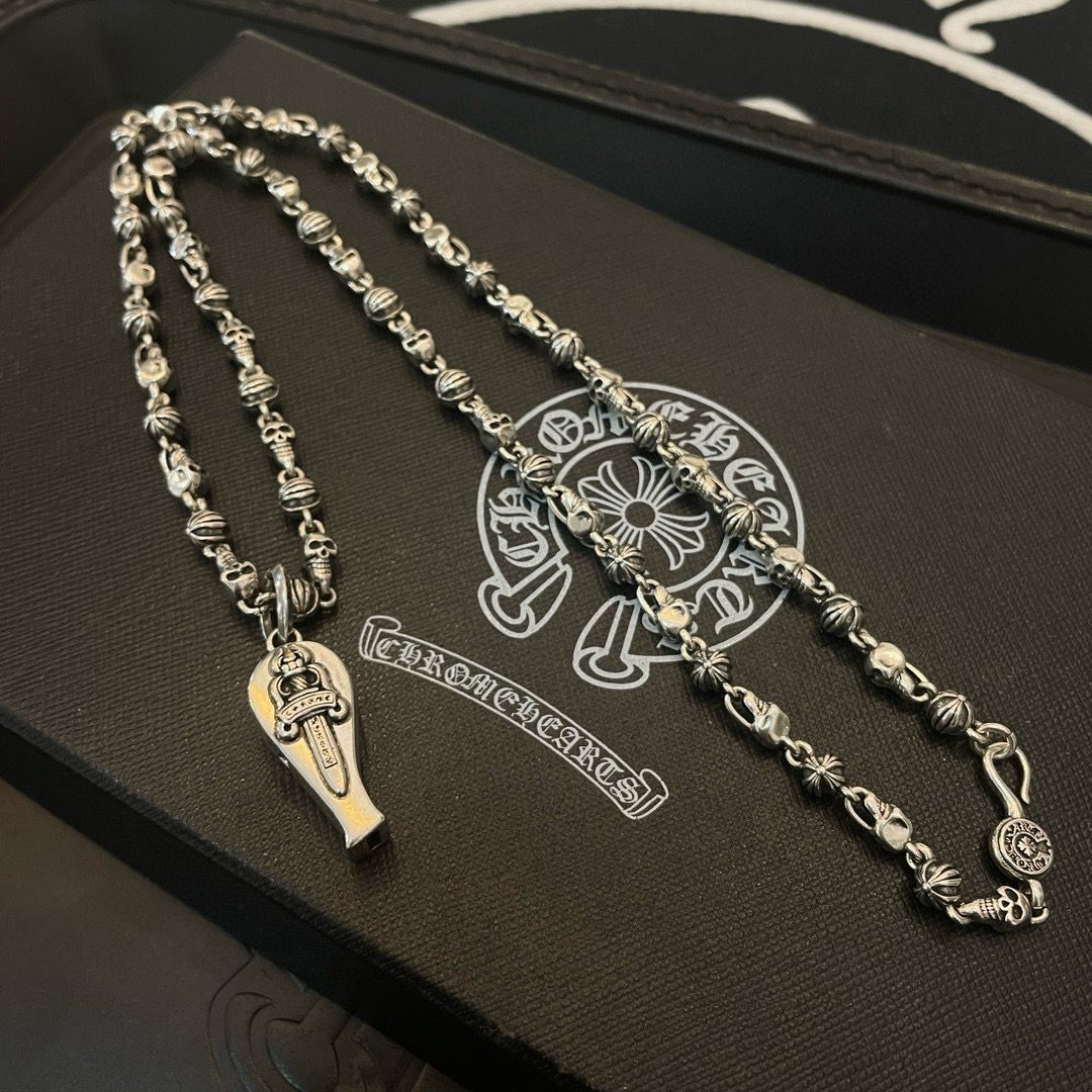 Chrome Hearts Skull & Dagger Pendant Necklace - 925S Silver Ornate Chain Jewelry CH - SD08