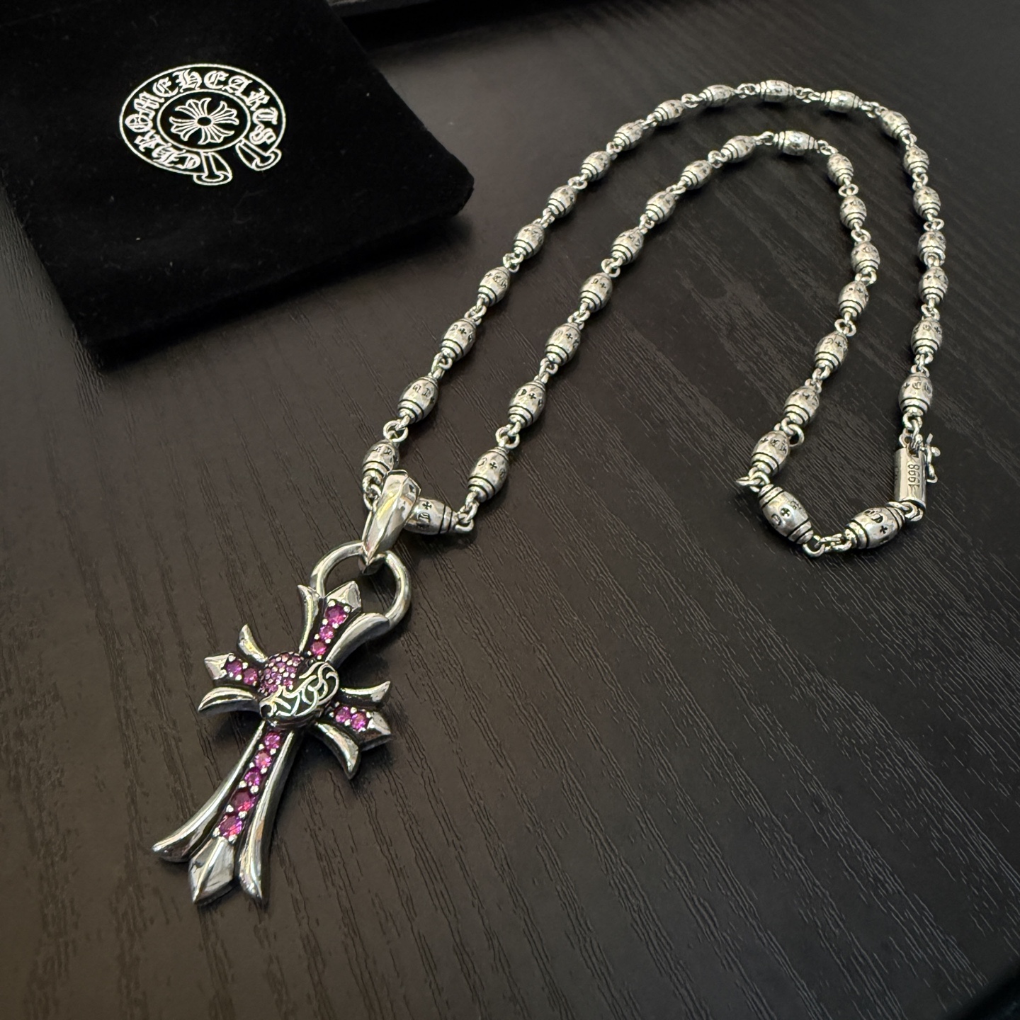 Chrome Hearts Pink Pink - Studded Cross Pendant Necklace - 925S Silver Beaded Chain Jewelry CH - PS06