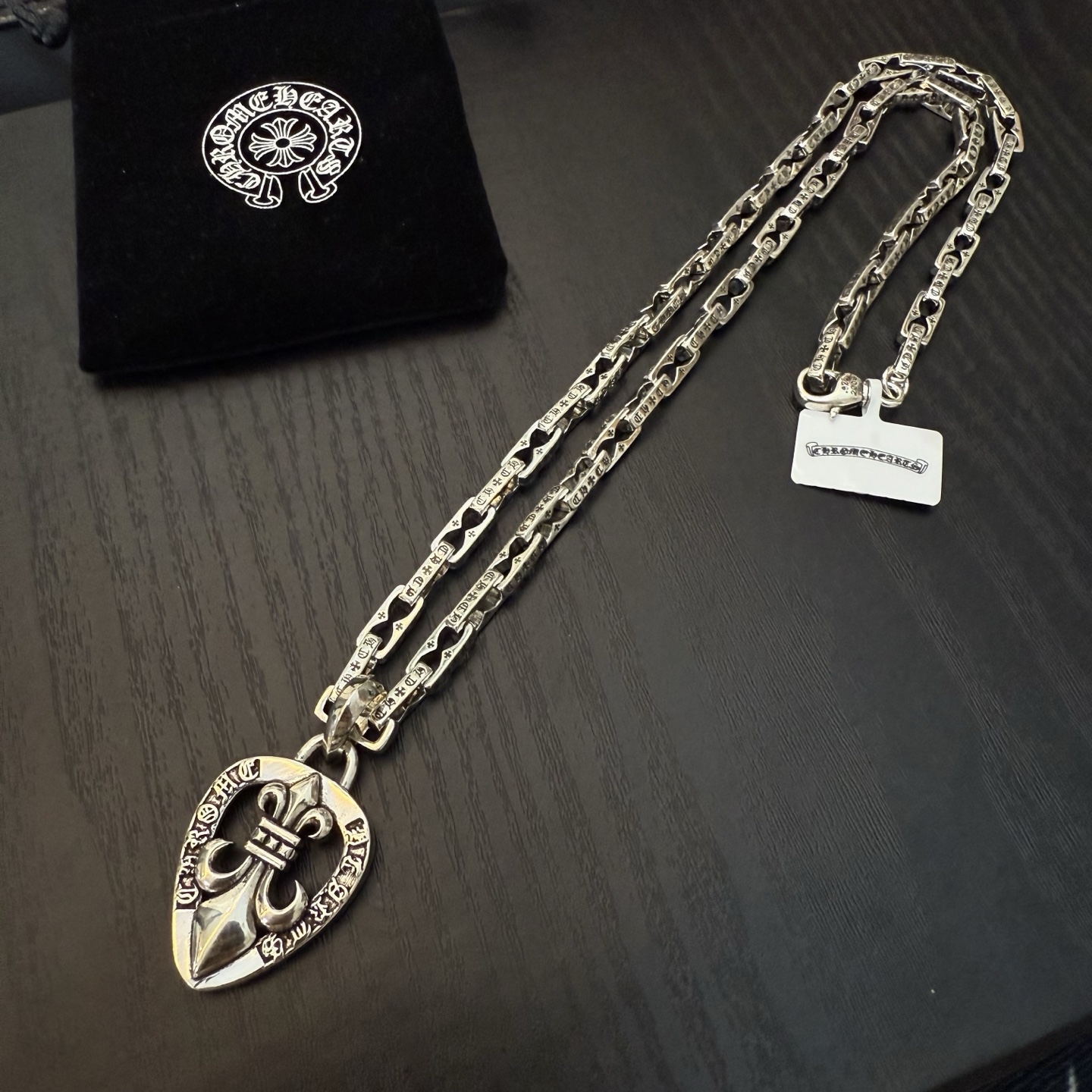 Chrome Hearts Fleur - de - Lis Shield Pendant Necklace - 925S Silver Engraved Chain Jewelry CH - FS03
