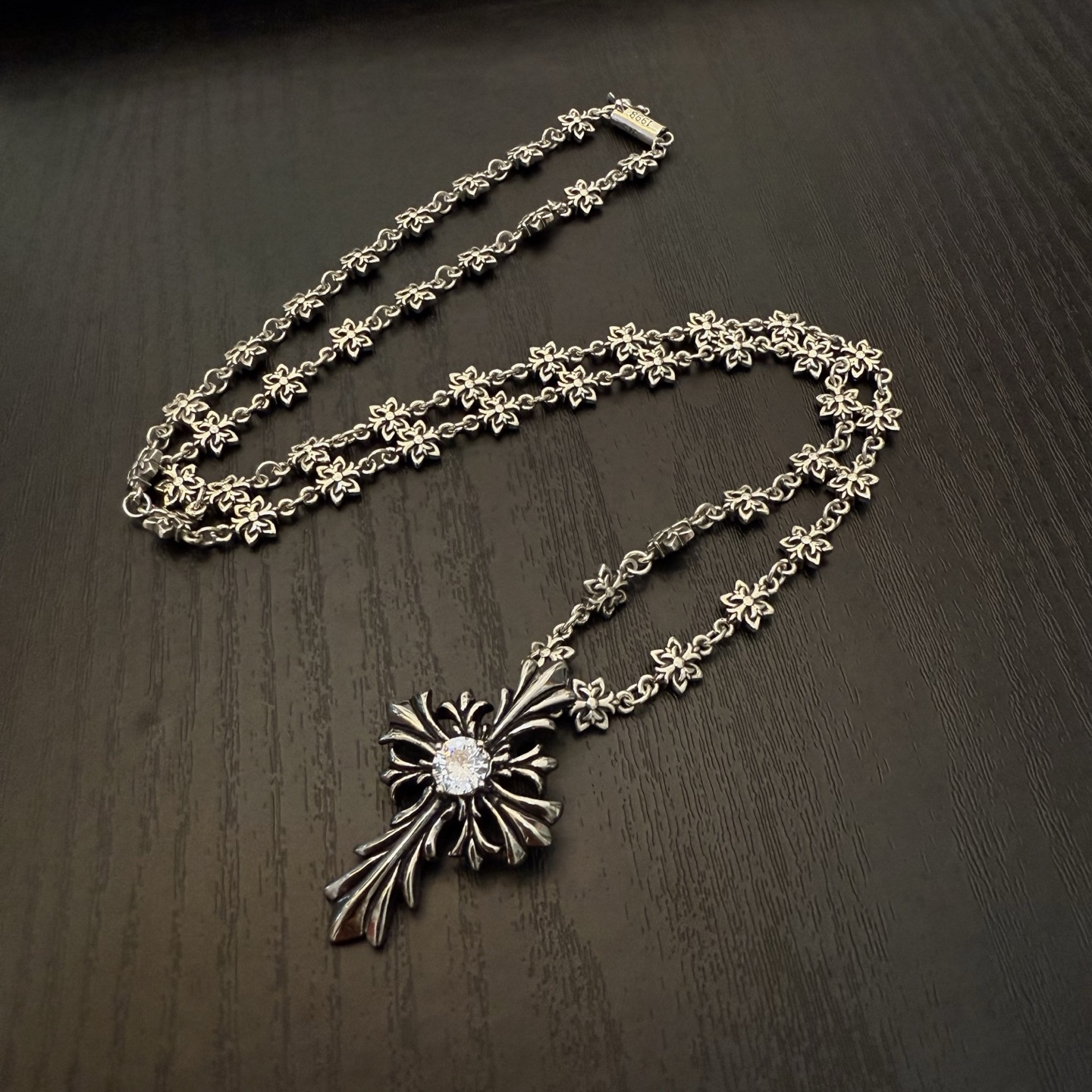 Chrome Hearts Diamond - Inlaid Cross Pendant Necklace - 925 Silver Floral Chain Jewelry