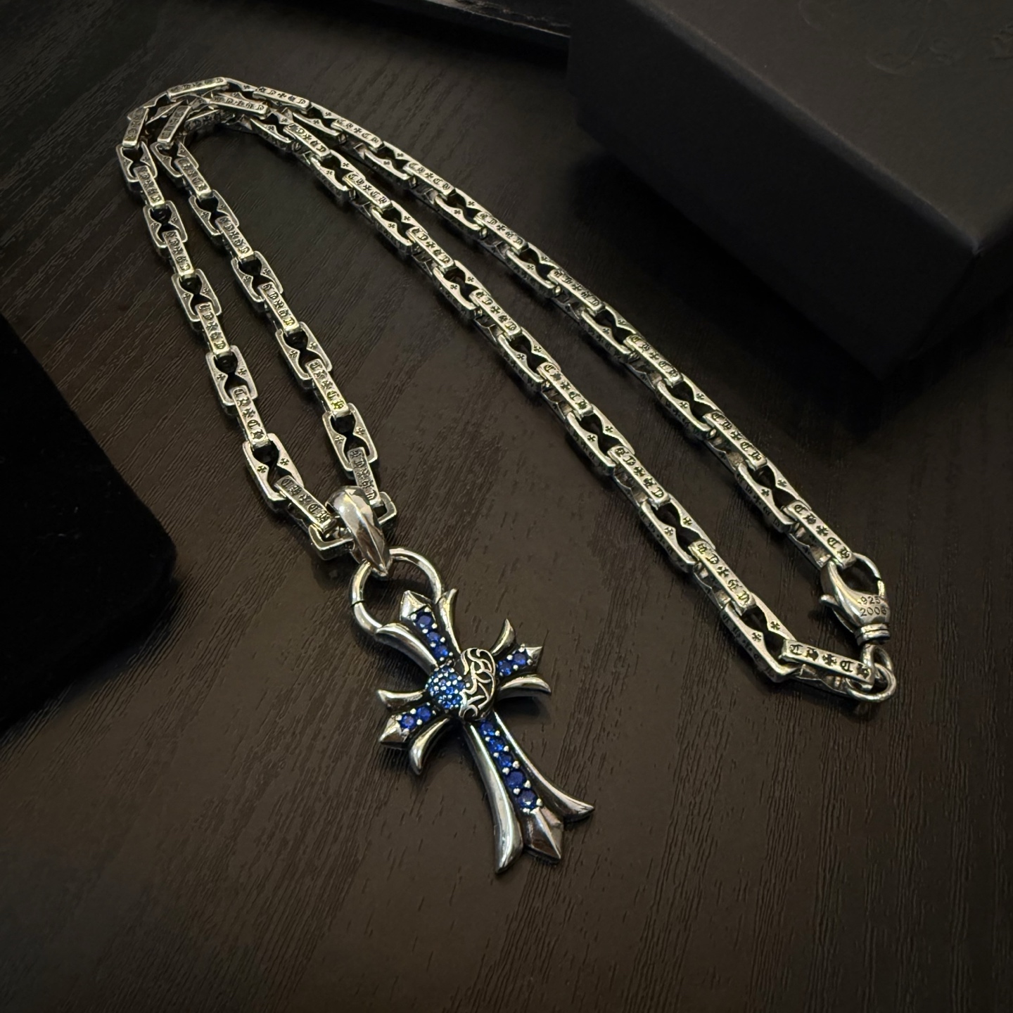 Chrome Hearts Blue - Studded Cross Pendant Necklace - 925 Silver Gothic Chain Jewelry