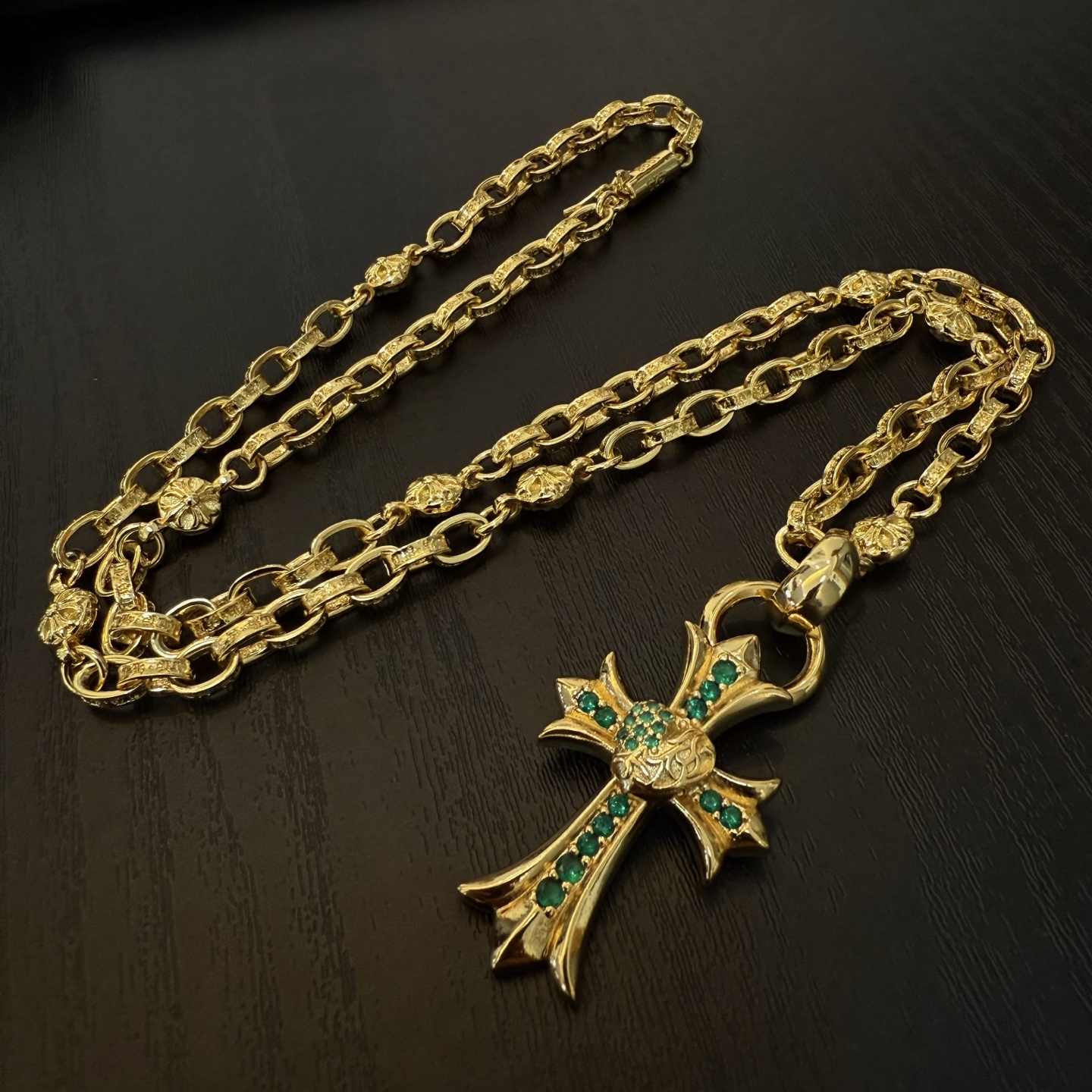 Chrome Hearts Gold - Plated Emerald - Inlaid Gothic Cross Pendant Necklace (Ornate Link Chain) CH - GOLD02