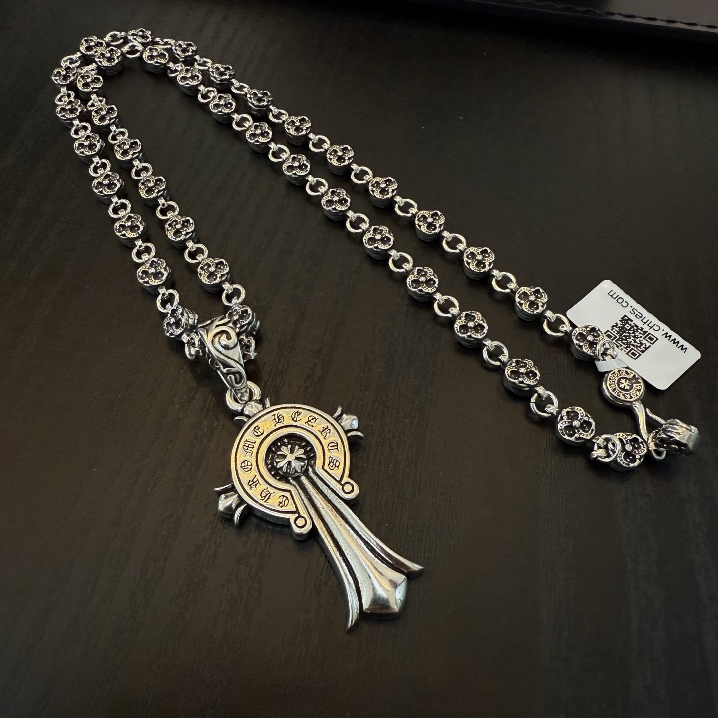 Chrome Hearts Sterling Silver Cross - Medallion Pendant Necklace (Floral Bead Chain) CH - CRO19