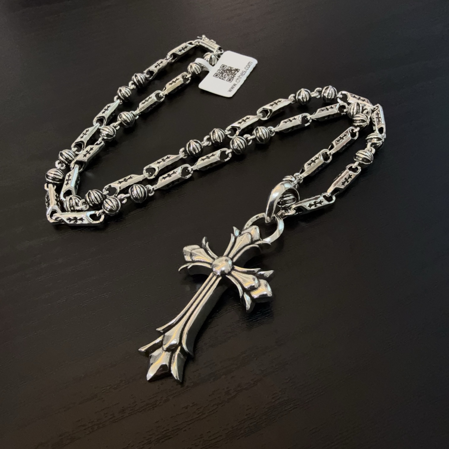 Chrome Hearts Sterling Silver Gothic Cross Pendant Necklace (Engraved Link Chain) CH - CRO18