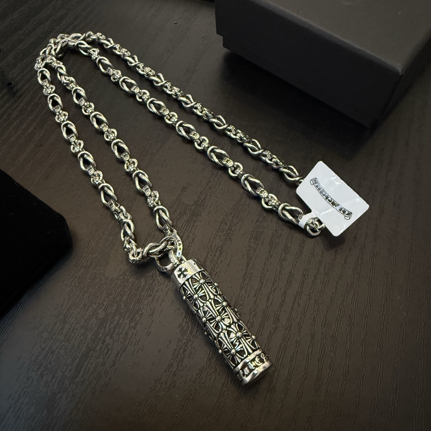 Chrome Hearts Sterling Silver Engraved Cylinder Pendant Necklace (Interwoven Link Chain) CH - CYL02