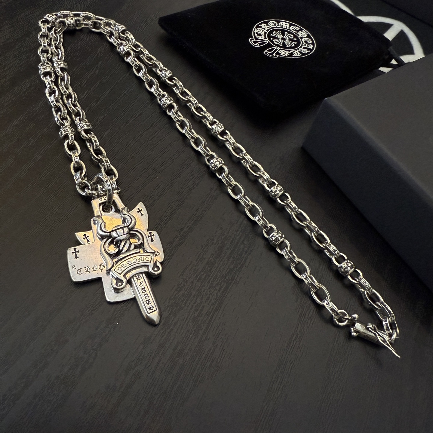 Chrome Hearts Sterling Silver Cross - Sword Pendant Necklace (Ornate Link Chain) CH - SWD01