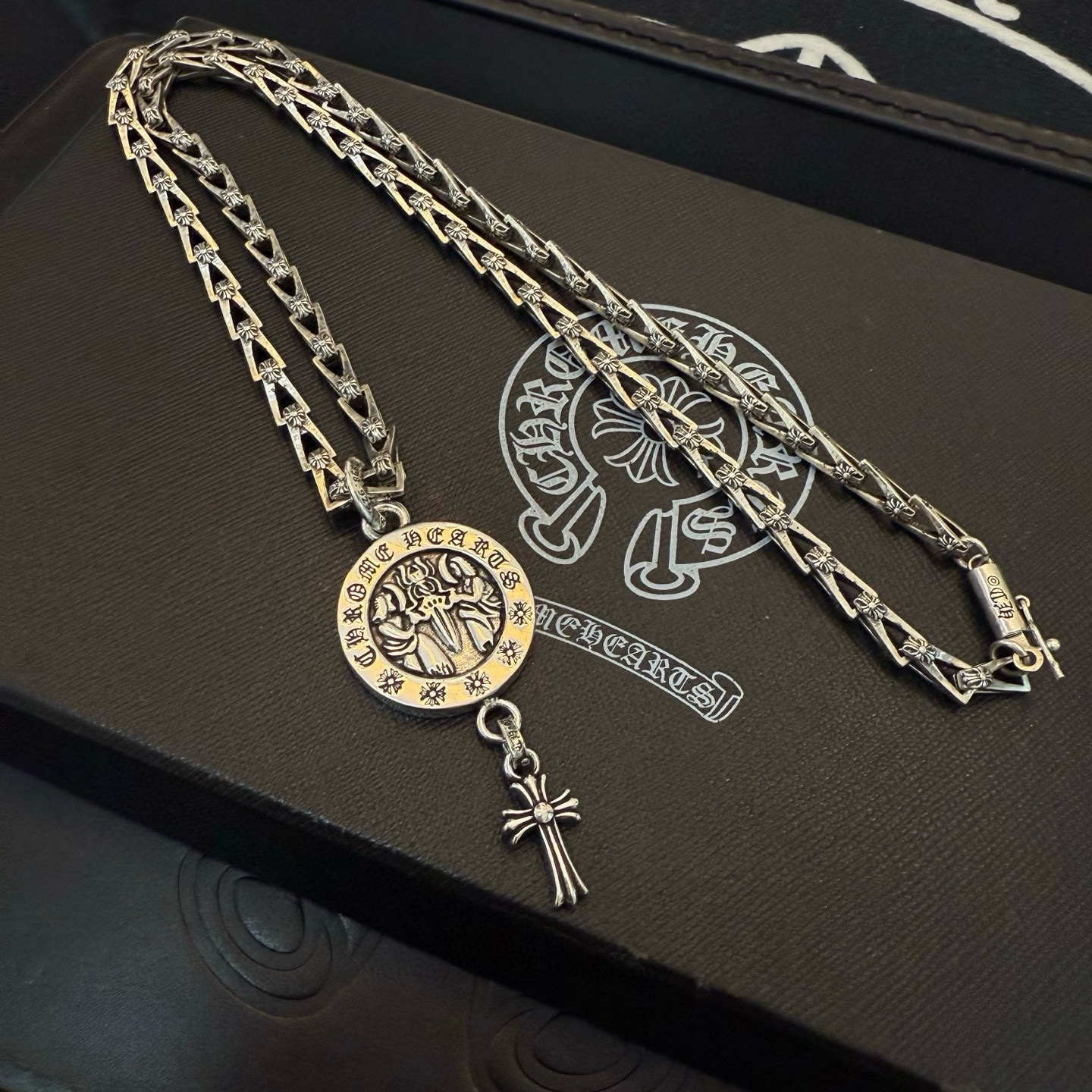 Chrome Hearts Sterling Silver Medallion & Mini Cross Pendant Necklace (Geometric Link Chain) CH - MED02
