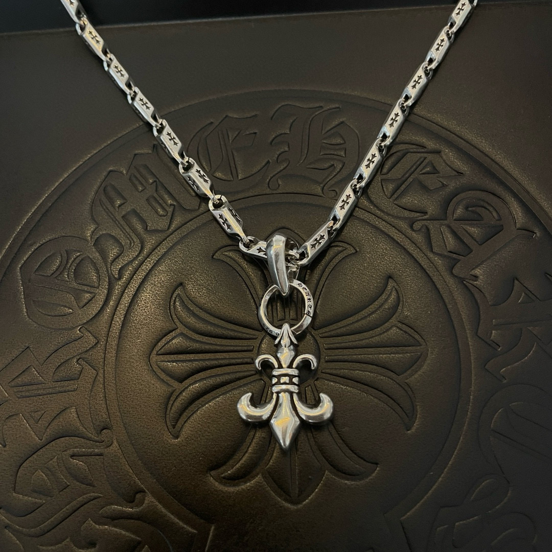 Chrome Hearts Sterling Silver Fleur - de - Lis Pendant Necklace (Engraved Square - Link Chain) CH - FLR13