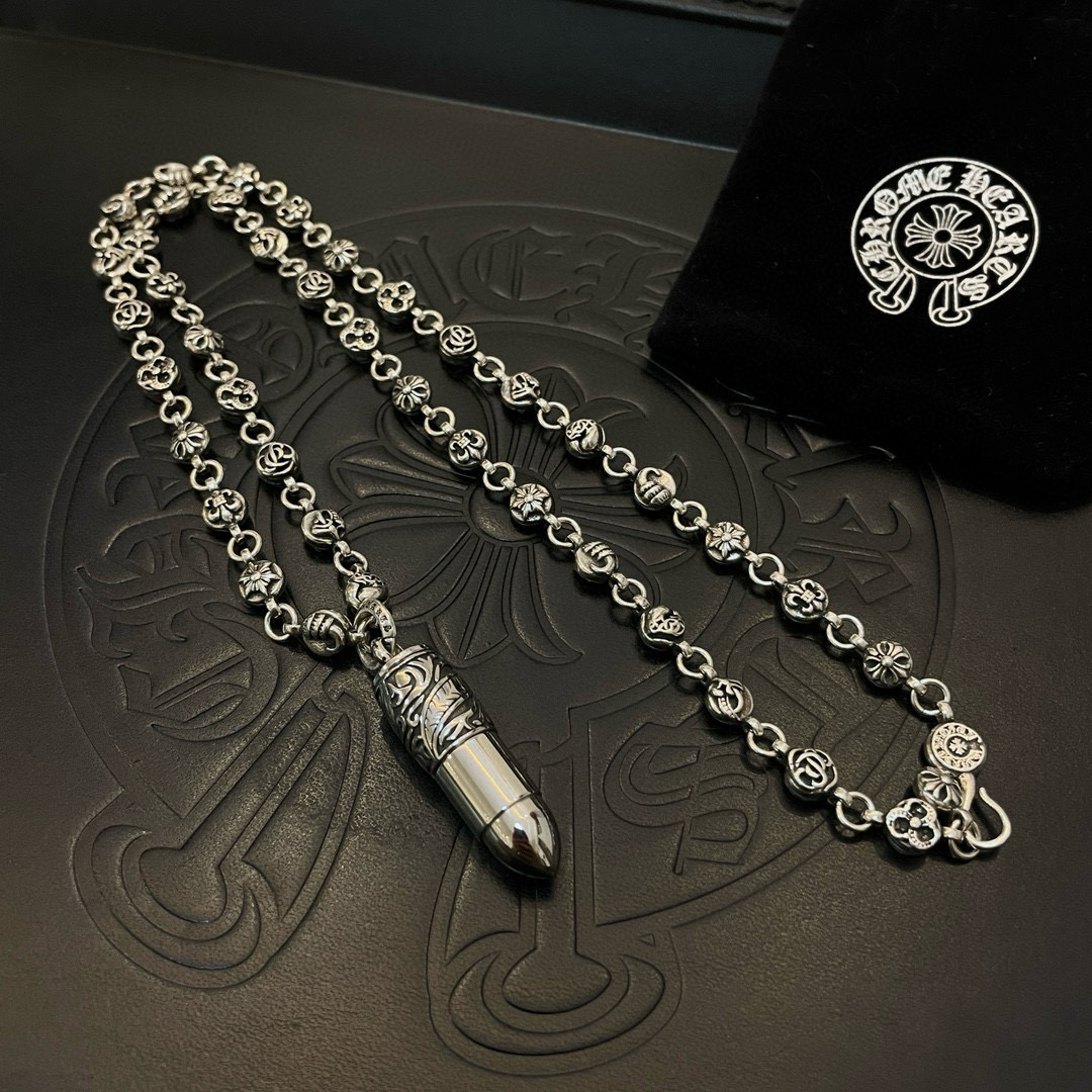 Chrome Hearts Sterling Silver Engraved Bullet Pendant Necklace (Floral - Motif Link Chain) CH - BUL01