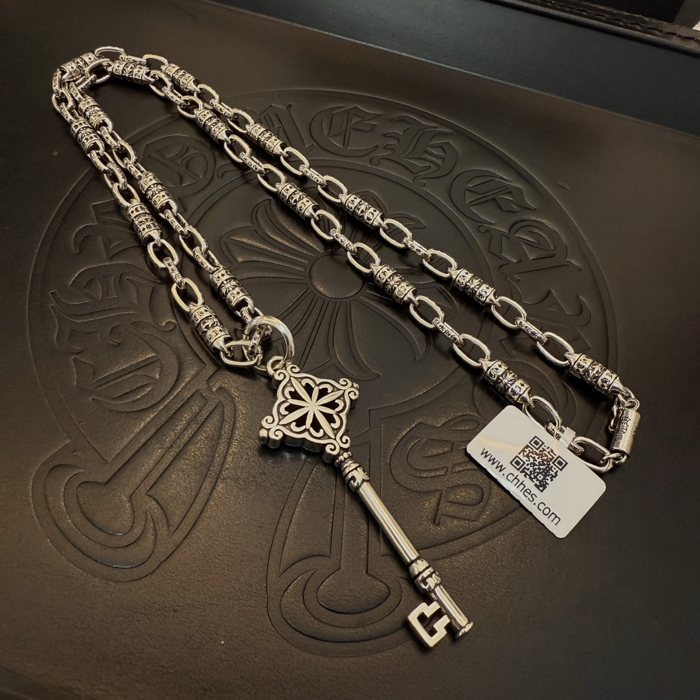 Chrome Hearts Sterling Silver Filigree Key Pendant Necklace (Braided Link Chain) CH - KEY01