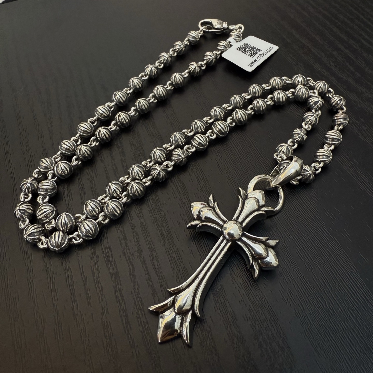 Chrome Hearts Sterling Silver Gothic Cross Pendant Necklace (Textured Bead - Link Chain) CH - CRO13