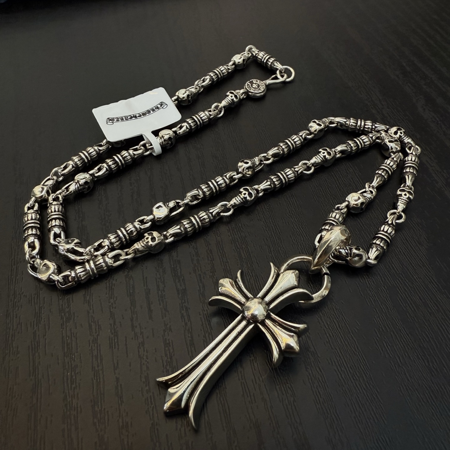 Chrome Hearts Sterling Silver Skull - Accented Cross Pendant Necklace (Barrel & Skull Link Chain) CH - CRO12
