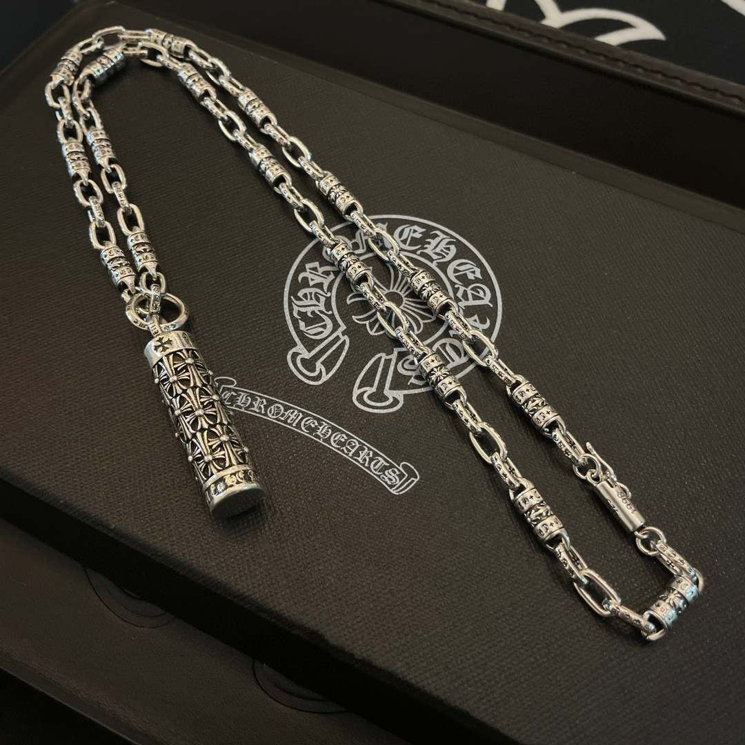 Chrome Hearts Sterling Silver Engraved Cylinder Pendant Necklace (Mixed - Link Chain) CH - CYL01