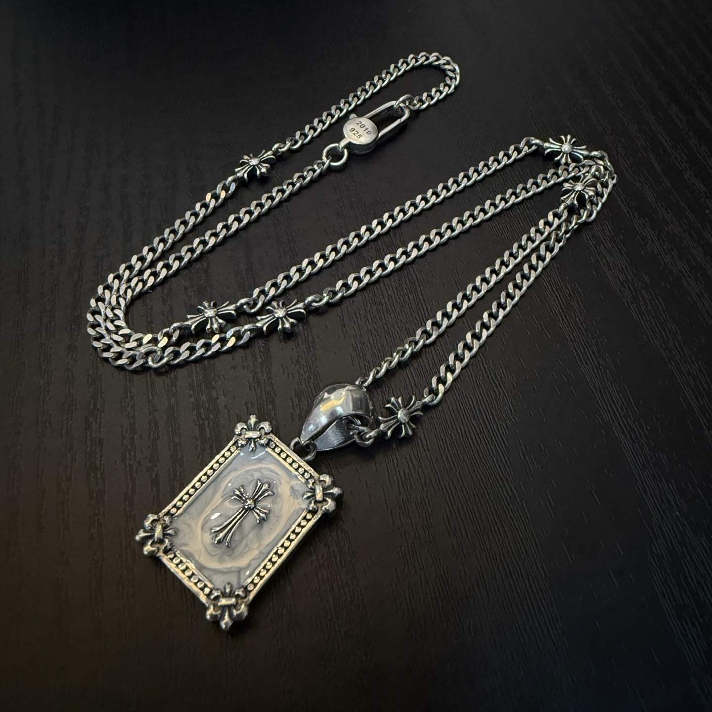 Chrome Hearts Sterling Silver Rectangular Enamel - Accent Pendant Necklace (Cross - Embellished Chain) CH - RECT01
