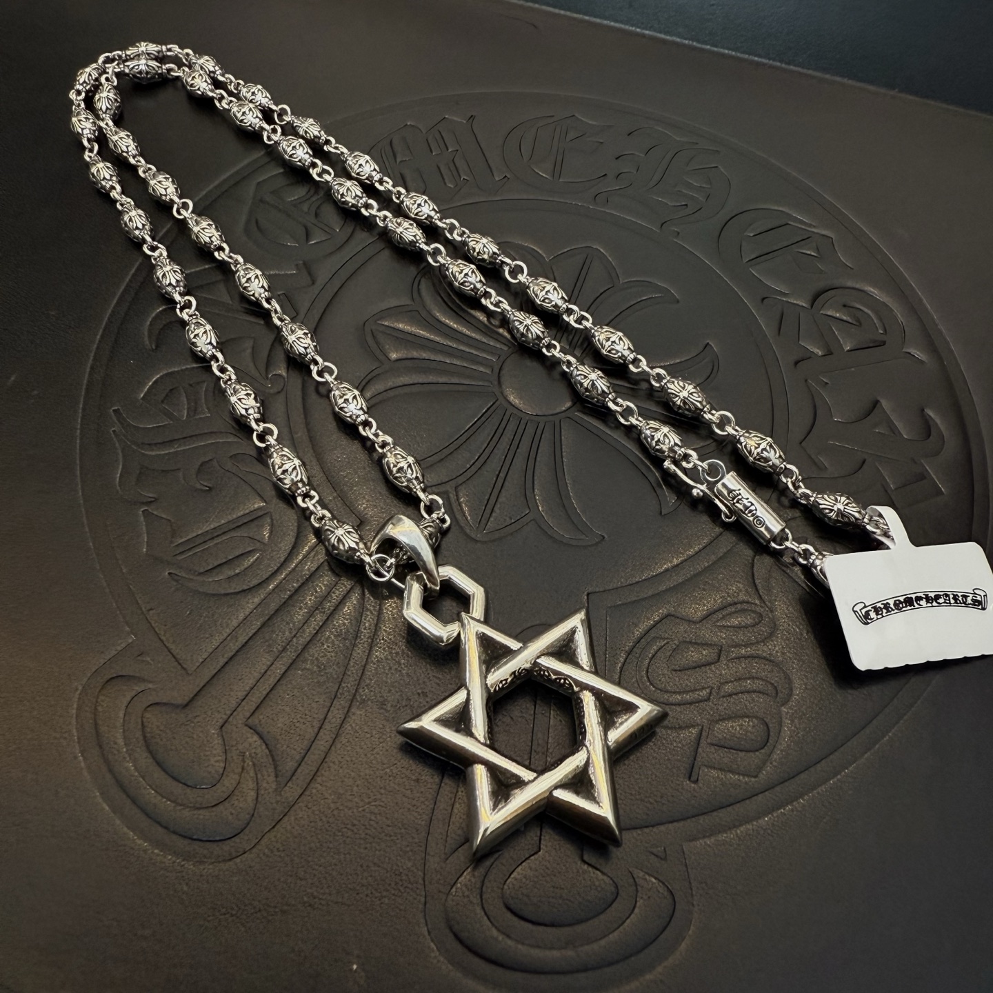 Chrome Hearts Sterling Silver Star of David Pendant Necklace (Beaded Link Chain) CH - STD01