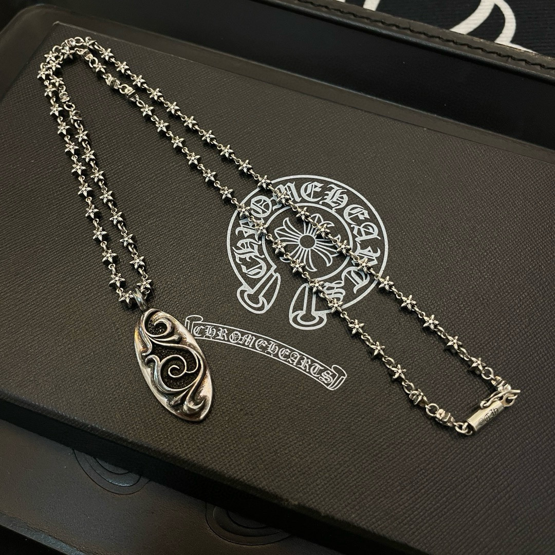 Chrome Hearts Sterling Silver Scrollwork Oval Pendant Necklace (Star - Link Chain) CH - OVA02