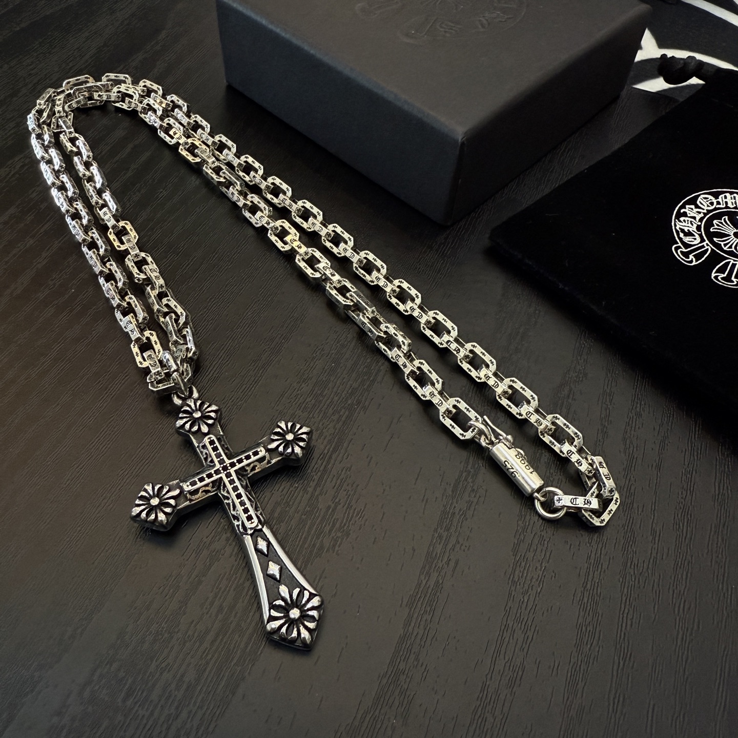 Chrome Hearts Sterling Silver Floral - Accented Cross Pendant Necklace (Engraved Rectangular Link Chain) CH - CRO4
