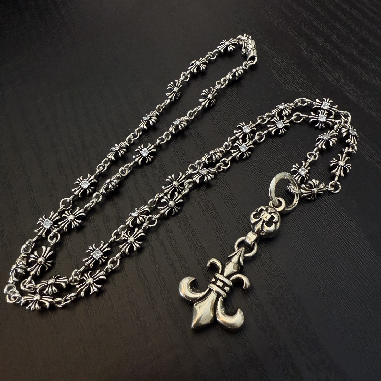 Chrome Hearts Sterling Silver Fleur - de - Lis Pendant Necklace (CZ - Accented Cross - Floral Link Chain) CH - FLR03