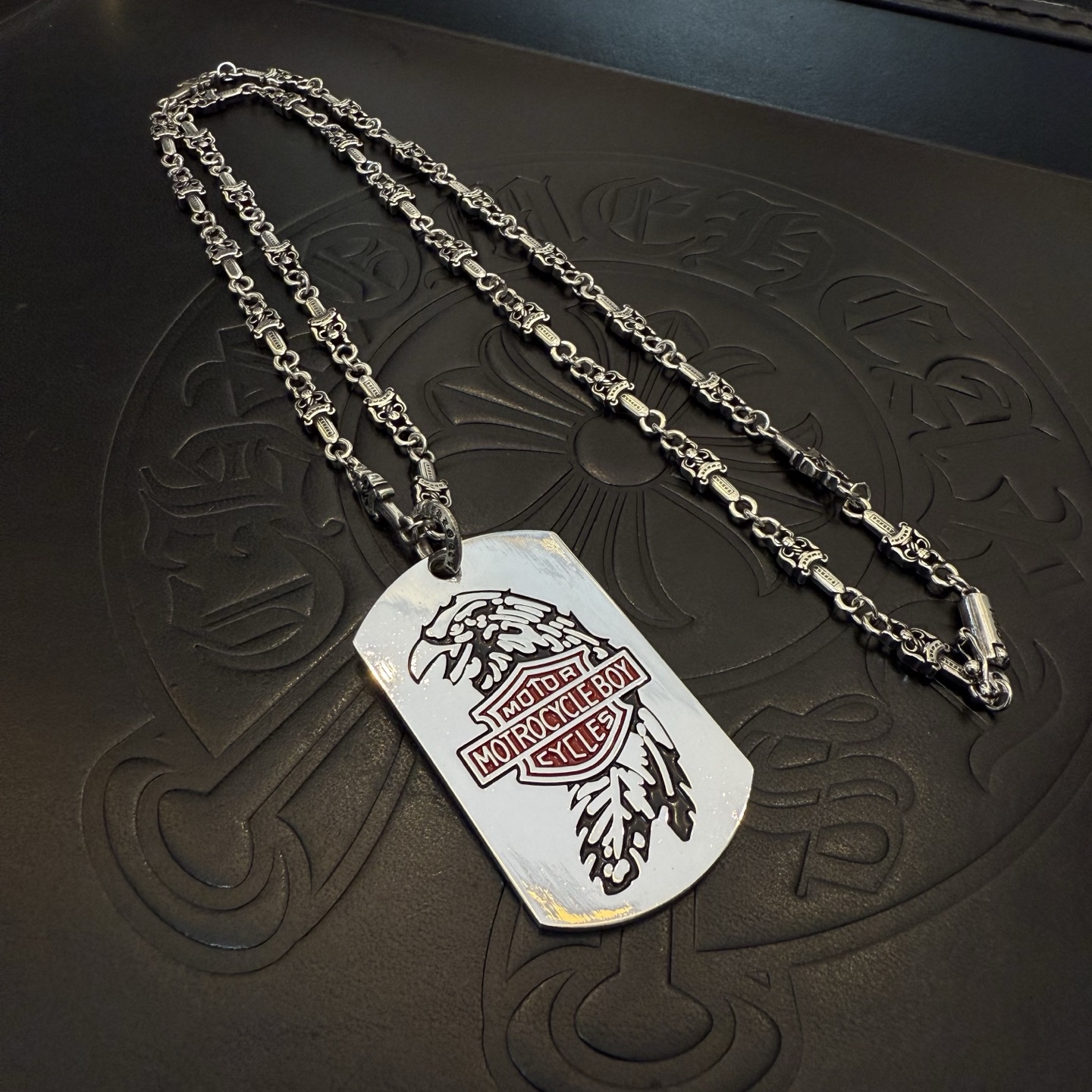 Chrome Hearts Sterling Silver Moto - Inspired Eagle Dog Tag Necklace (Industrial Mixed - Link Chain) CH - DGT01