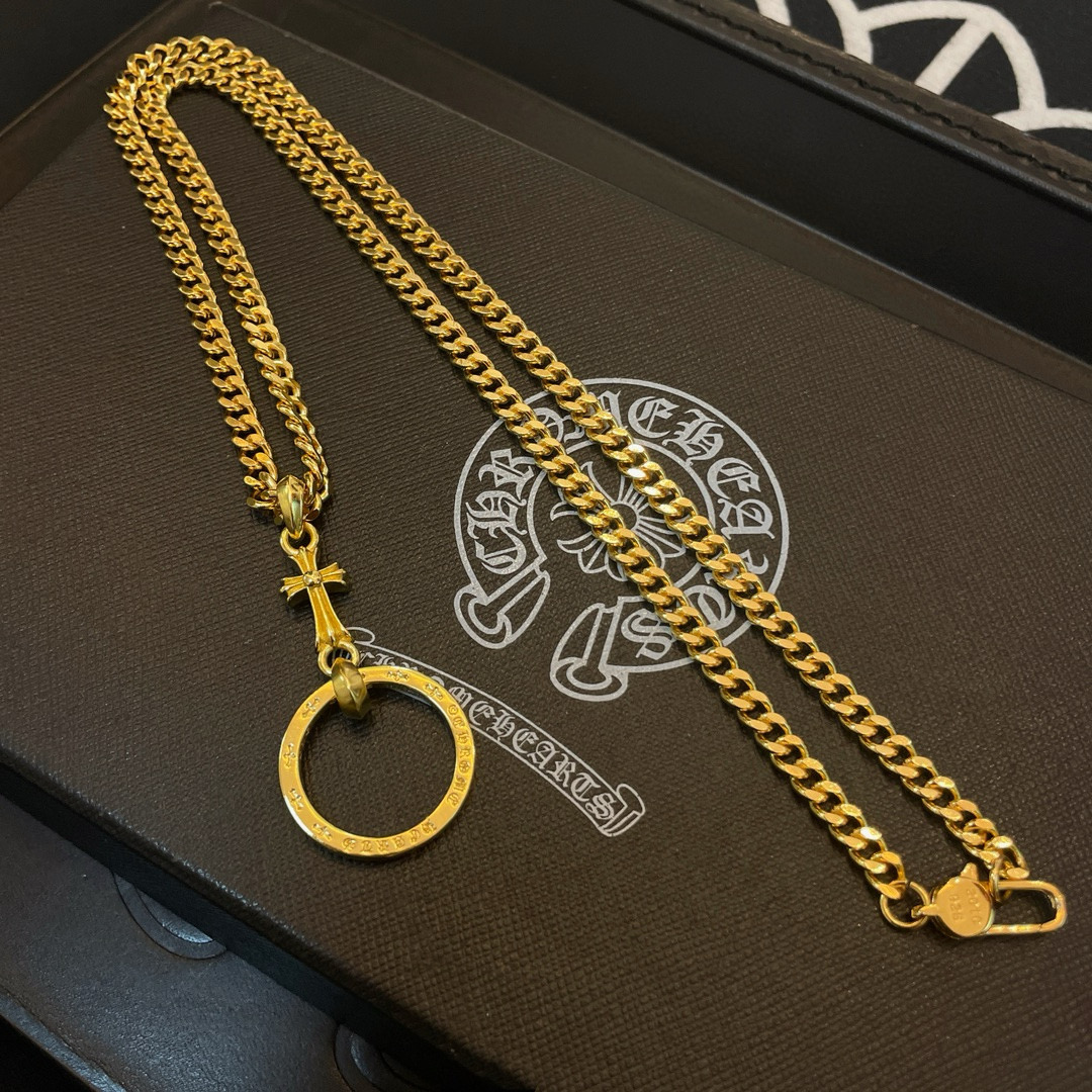 Chrome Hearts Gold - Plated Sterling Silver Engraved Ring Pendant Necklace (Cuban Link Chain) CH - RNG02